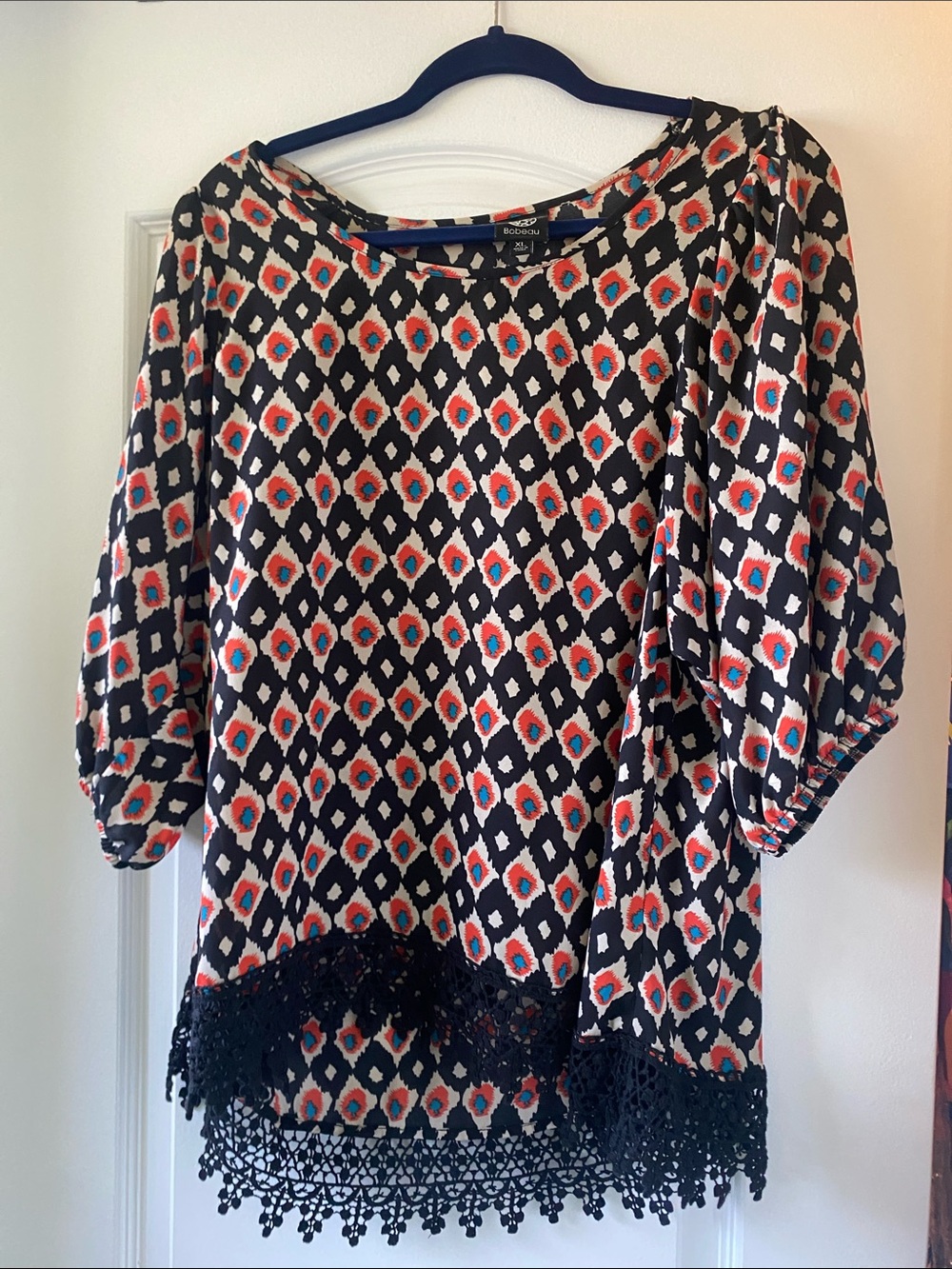 bobeau Black Blouse with Coral, Cream & Teal Geometric Print